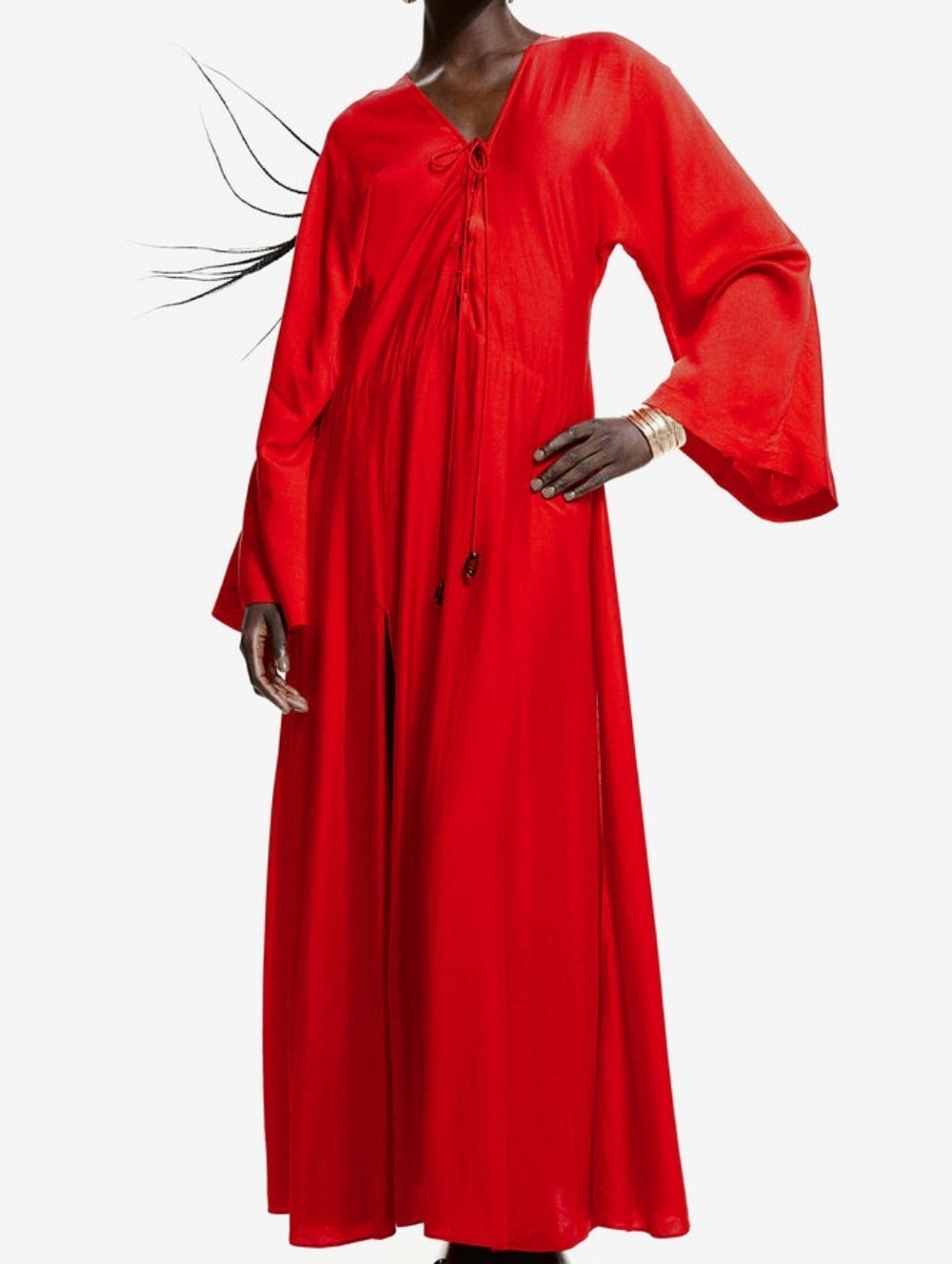 H&M Bright red Lace-up kaftan dress Size XL - Picture 5 of 16